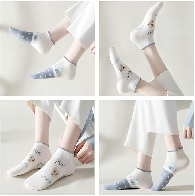 5/10 Pairs Combed Cotton Socks for Women with Cute Animals/Flowers Patterned Ankle Socks
