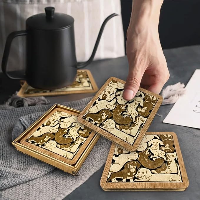 02 Dachshund Dog Coaster - Dachshund Dog Puzzle Wooden Coaster Set - Interlocking Jigsaw Drink Mats with Laser-Cut Design for Dachshund Lovers (Dachshund Dog)