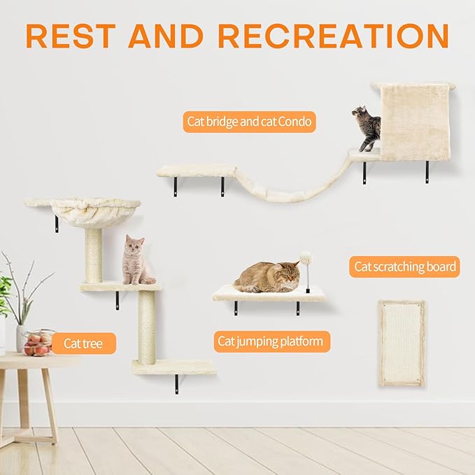 Cat Wall Furniture,Wall-Mounted Cat Climber Set with Cat Wall Shelves, Perches, Condo House, Ladder, Scratching Board & Tree - 5 Pcs Wood Indoor Cat Furniture for Play (Dark Grey)