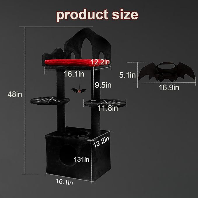 Gothic Cat Tree, 48in Black Cat Tree with Throne Bed, Cat Condo,Scratching Posts, Spooky Goth Cat Tree for Indoor Cats, Gothic Cat Tower