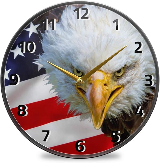 ALAZA American Bald Eagle USA Flag Animal Wall Clock Battery Operated Silent Non Ticking Clocks for Living Room Decor 12 Inch / 9.5 Inch
