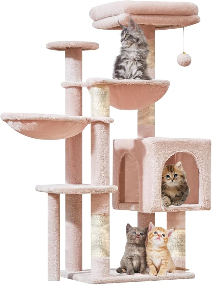 Taoqimiao Cat Tree, 39.4-Inch Cat Tower for Indoor Cats,Suitable for Kittens,Plush Cat Condo with 5 Scratching Posts, Plush Perch,2 Hammock,Pompoms, MS019P Jelly Pink