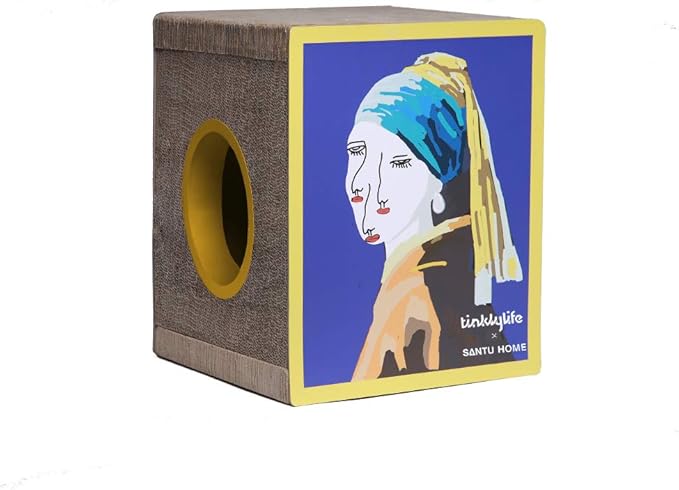 FluffyDream Cat Scratcher Cardboard, Girl with a Pearl Earring Shape Adaptation Spoof Version Cat Scratching House Bed Furniture Protector, Pink