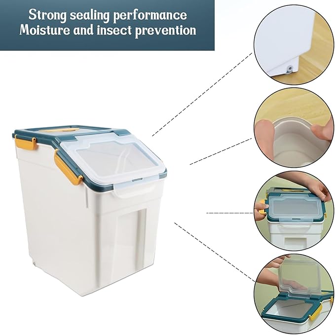 AnRui 2Pcs Airtight Flour Storage Containers 45LB, Large Rice Storage Container, Plastic Cereal Grain Dispenser Organizer Pet Dog Cat Food Storage Bin with Lid, with Measuring Cup, Scoop, Blue