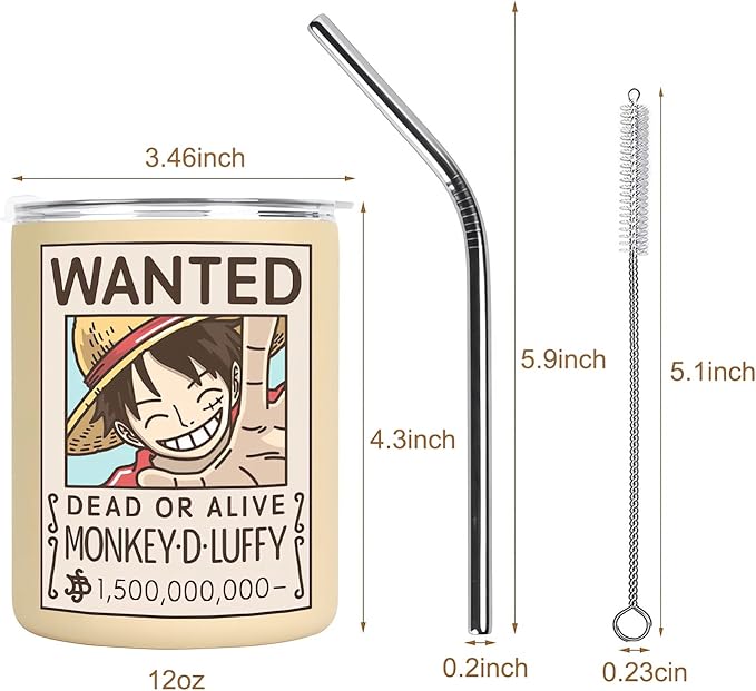 12 oz Vacuum Insulated Tumblers with Lid and Straw, Double-Walled Stainless Steel Coffee Mug for Office Home,Cute One Piece Manga Anime Gifts