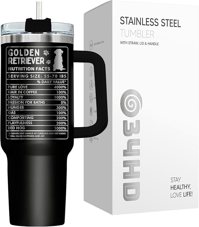 34HD Funny Golden Retriever Tumbler 40oz with Handle – Stainless Steel Insulated Dog Lover Cup – Life is Golden Travel Mug – Dog Mom Gift for Birthday, Christmas, Mother’s Day