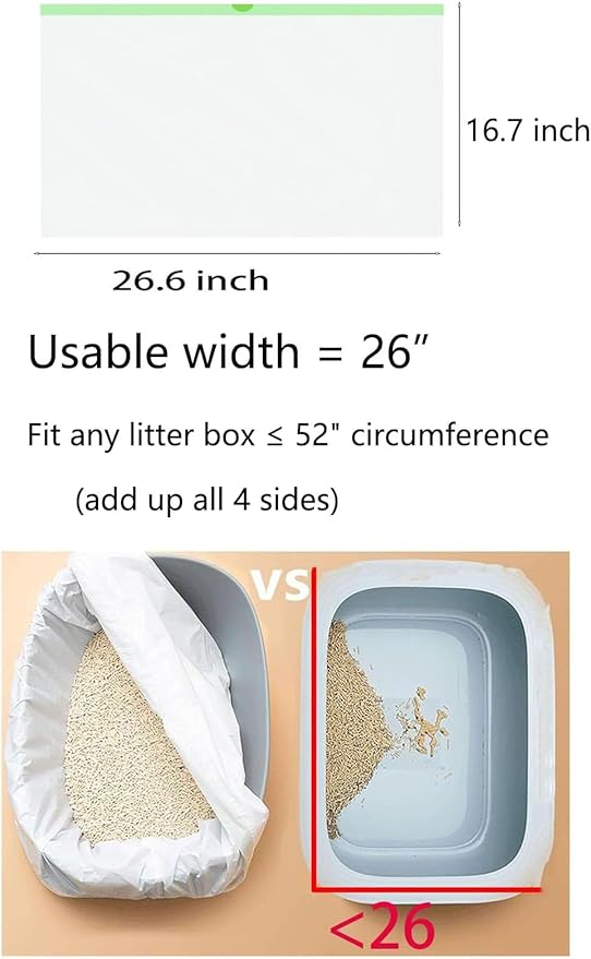 60 Count Cat Drawstring Litter Box Liners 26.6x16.7 inches 2Mils Super Thick White Cat Litter Waste Bags Poop Bags for Self-Cleaning Litter Box Cat Litter Pan Trays(Green Drawstring 60 count)