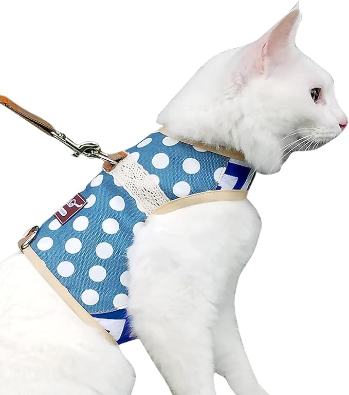 Cat Harness and Leash for Walking Escape Proof, Adjustable Cat Vest Harness, Padded Stylish Cat Walking Jackets, Polka Dot Blue, X-Small
