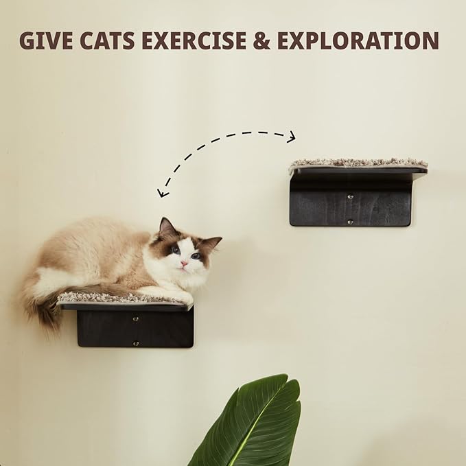 2 Set Cat Wall Steps - Wooden Cat Climbing Shelf for Wall - Cat Wall Stairs with Scratching Mat - Wall Mounted Cat Furniture for Jumping, Playing, and Lounging, Walnut