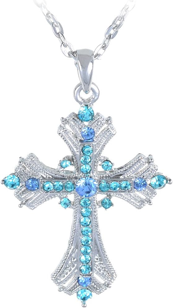Alilang Silvery Tone Religious Cross Pendant Necklace w/Aquamarine Blue Or Clear Crystal Rhinestones