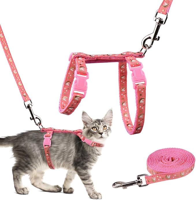 Cat Harness and Leash Set Gold Moons Stars Soft Nylon Escape Proof Adjustable for Kittens Small Animals Glow in The Dark (Pink)