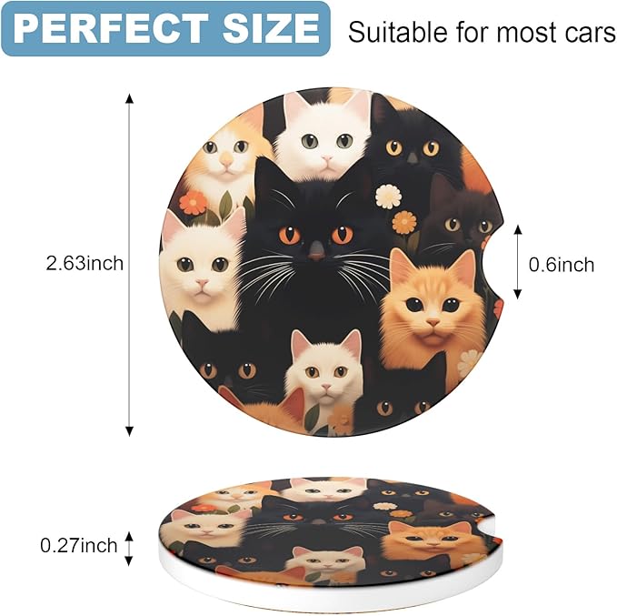 2 Pack Car Cup Holder Coaster, 2.63 inch Anti Slip Insert Absorbent Ceramic Car Coaster with Cork Base and Finger Notch, Cute Car Accessories Interior for Women, Cute Car Coasters., Cats