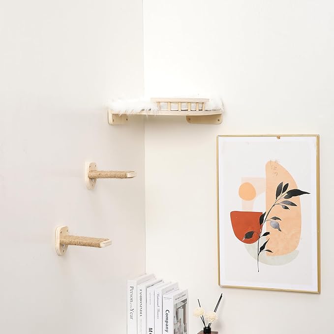 Cat Wall Shelves, Cat Shelves and Perches for Wall, Corner Cat Shelf with 3 Steps Scratch Post, Cat Bed Hammock with Plush Covered, Climbing Shelf for Indoor Cats (Wood)