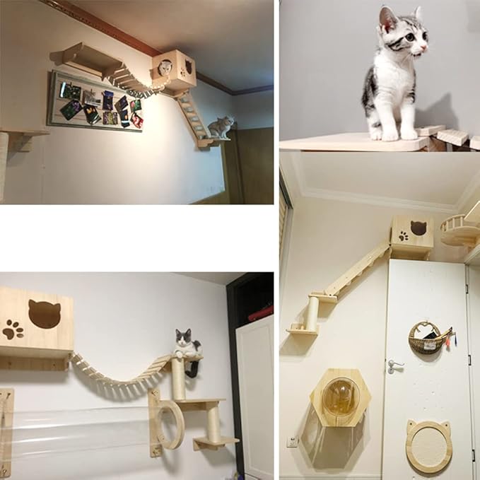La La Pet® Wall Mounted Cat Bed Wooden Floating Cat Shelf Capsule Cat House Cat Perch Cat Steps Cat Ladder Cat Tree Cat Furniture Cat Lounger Cat Climber (15.7" Scratcher Board)