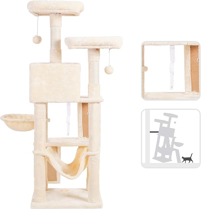 Heybly Cat Tree, Cat Tower for Indoor Cats,Multi-Level Cat Furniture Condo for Cats with Padded Plush Perch, Cozy Basket and Scratching Board Beige HCT014M