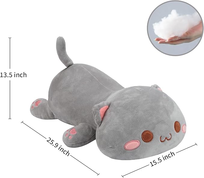 AFAN Cat Stuffed Animals Plush Cute Soft Cat Plush Pillow Toys Kawaii Plushies Room Decor Gifts for Kids Girls Boys (Round Eyes, Grey, 25.9 Inch)
