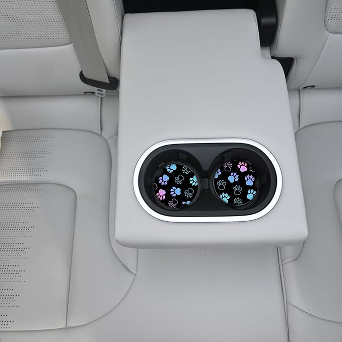 Absorbent Car Coasters for Cup Holders, 2 Pack Universal Neoprene Car Coasters with Finger Slot, Auto Accessories for Women & Men,2.56"(Gradient Black Dog paw Print)