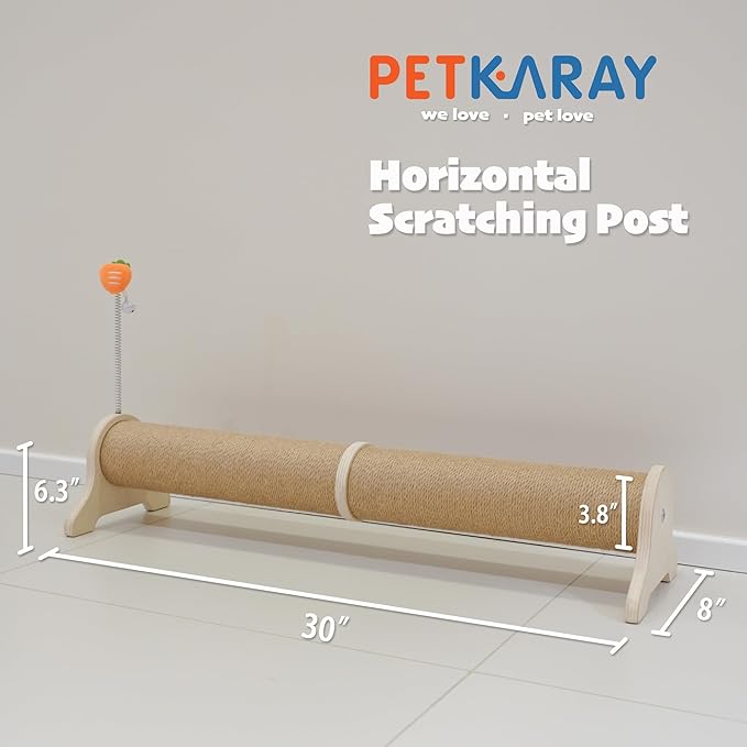 PETKARAY Horizontal Scratching Post, 30" Sisal Cat Scratch Post, Large Cat Scratcher with Spring Toy, Protect Furniture for Indoor Kitten