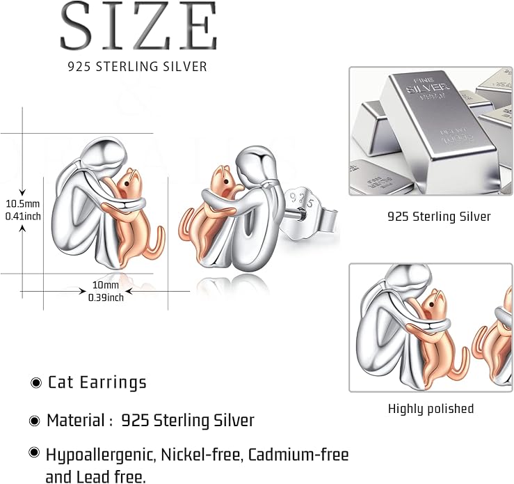 925 Sterling Silver Cat Earrings Cute Animal Kitten Stud Earrings cat Jewelry Gifts for Women Girls Hypoallergenic Earrings for Sensitive Ears