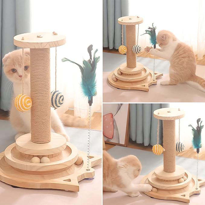 Marchul Cat Scratching Post with Hanging Ball, Kitten Sisal Scratcher Toy with 2 Layer Tracks Spinning Balls, Cat Tracking Interactive Toys for Indoor Cats and Kittens