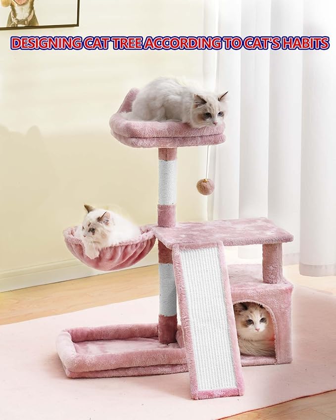 Cat Tree, Cat Tower with condo, Basket, Large Bed, Platform, Scratch Board, Cat Scratching Posts for Indoor Cats, Pink GCT002SP