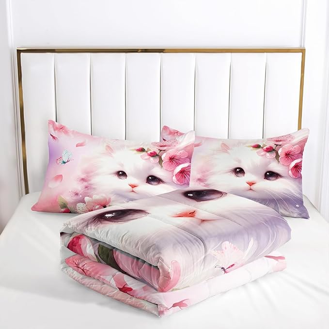 AILONEN Queen Bedding Set, Pink Cherry Blossom Kitten Comforter with 2 Pillowcases, 3 Piece Butterfly Cat Soft Duvet Set