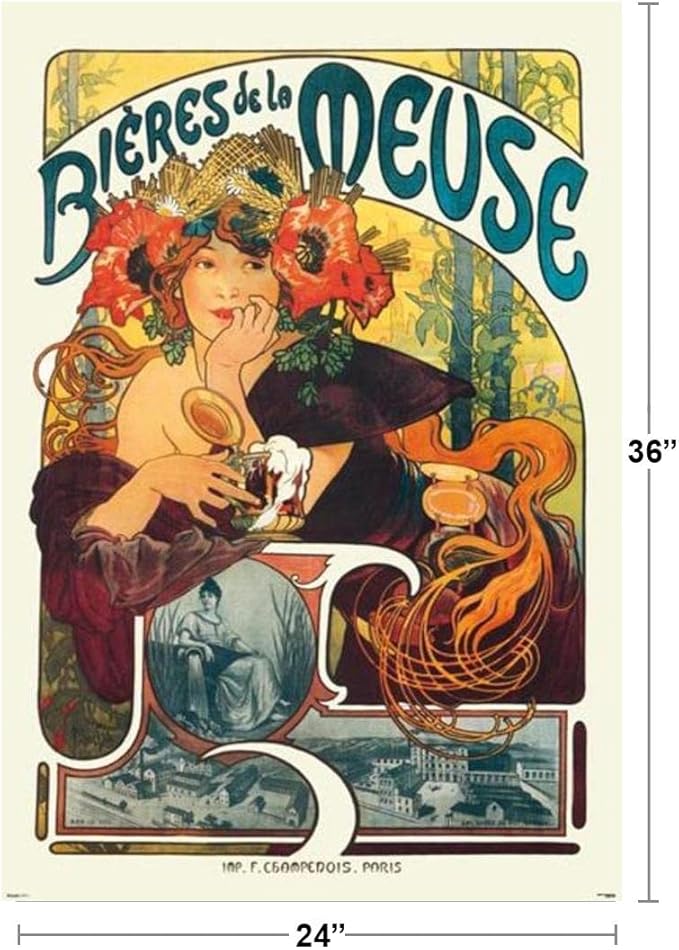 Alphonse Mucha Bieres De La Meuse Art Print Art Nouveau Vintage Beer Advertisement French France 1897 Poppies Wheat Hops Summer Seasons Cool Wall Art Print Poster 24x36