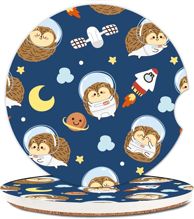 Absorbent Car Cupholder Coaster 2 Pack, Cute Car Coasters with a Finger Notch for Women & Men,2.56" Ceramic Stone & Non-Scratch Cork Base Drink Coasters, Cute Auto Accessories Gifts