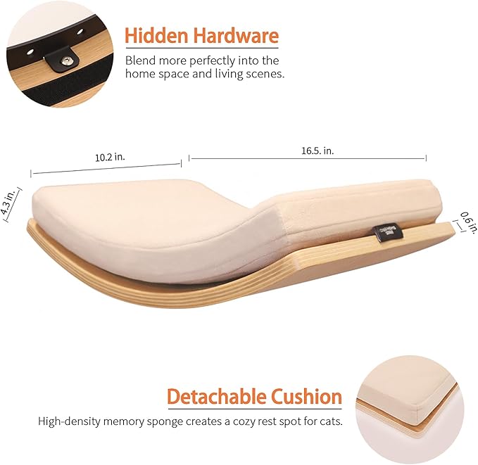 Cat Wall Shelves Curved Floating Cat Shelf Perch Bed with Cushion Wooden Easy to Install Cat Wall Furniture for Climbing Sleeping 16.5"x10.2"(White Oak)