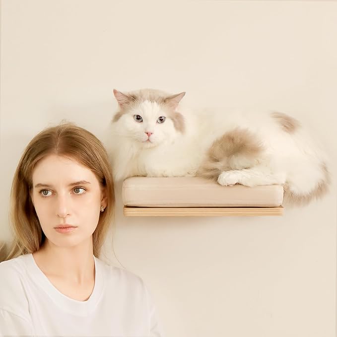 Cat Shelves Wall Mounted Cat Step with Cushion Wooden Cat Climbing Shelf Cat Wall Furniture for Sleeping and Playing 11.8"x10.2", Support to 40 LBS(White Oak)