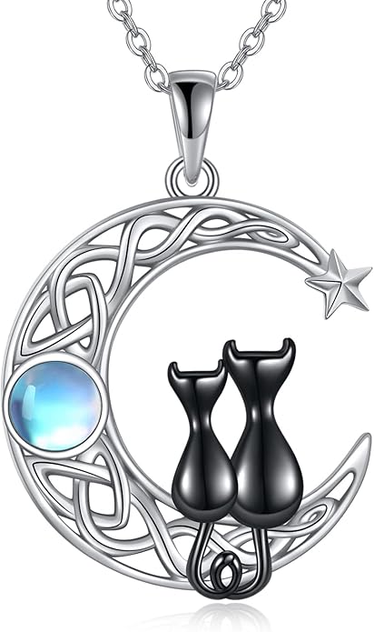 925 Sterling Silver Moon Black Cat Necklace for Women - Tree of Life Jewelry with Abalone Stone - Cat Lover Birthday Gift