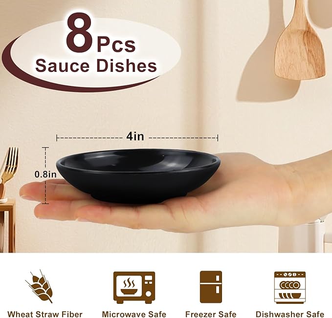 4 Inch Dipping Bowls 8 Pieces, Lightweight and Unbreakable Wheat Straw Plates, Small Soy Sauce Dishes, Small Serving Bowls for Side Dishes, Condiment, Appetizer (Black)