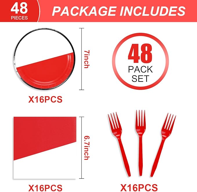 48Pcs Cartoon Animation Birthday Party Decorations Red and White Tableware Set Disposable Plates and Napkins Forks Serves 16 Guests Game Baby Shower Birthday Party Supplies