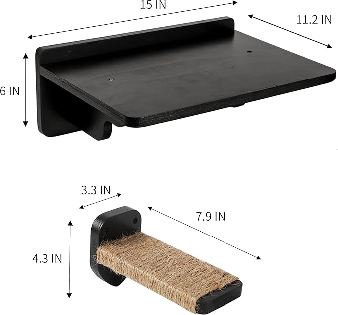 Cat Wall Shelves, Cat Shelves and Perches for Wall, Cat Wall Furniture, Cat Wall Mount Climbing Shelf with 3 Steps Scratch Post, Cat Bed Hammock with Plush Covered for Indoor Cats (Black)