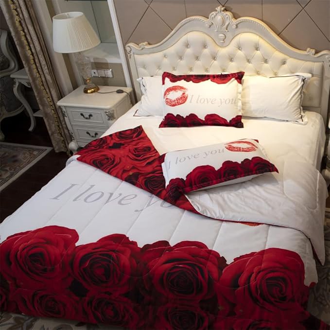 3D Comforter Set Twin - Red and White Rose Print Comforter Set Twin Size Floral Room Decor Bedding Set Aldult Quilt with 2 Pillowcases for All Seasons