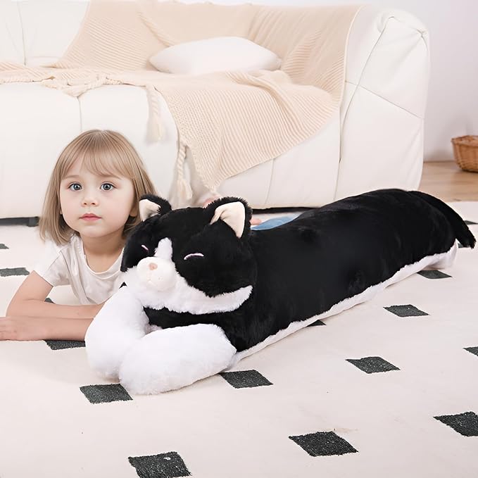 40'' Large Cat Sleeping Long Plush Pillow Toy, Milk Black White Kitty Soft Cat Stuffed Animals, Big Kitten Plushies Cute Doll Gift for Kids Girls Boys, Birthday
