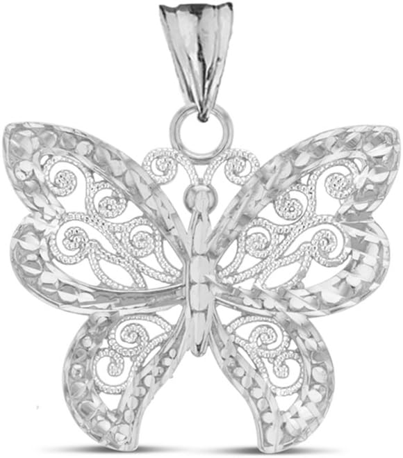 Animal Kingdom Elegant Sterling Silver Filigree & Sparkle-Cut Butterfly Charm Pendant Necklace