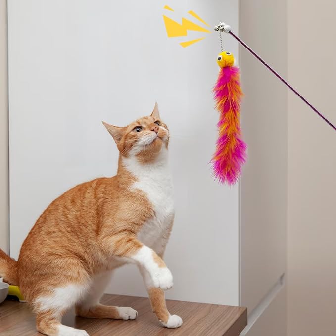 Andiker Cat Feather Toys, 2PCS Cat Wand Toys with Bell&Plush Balls, 12in Colourful Interactive Kitten Teaser Toy, Funny Interactive Cat Toys for Cat Indoor Playing Training Chasing (Red + Green)
