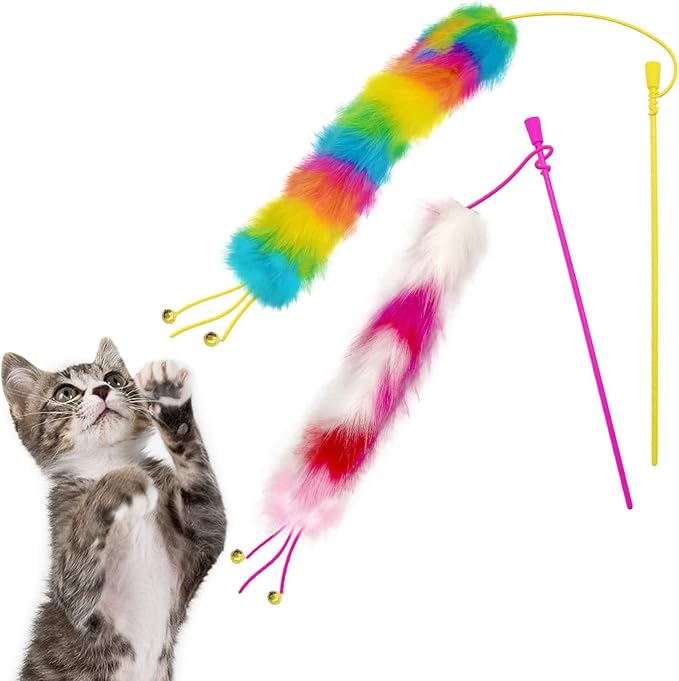 2 Pack Cat Wand Toy, Rainbow Cat Feather Toys with Bells, Cat Teaser Wand with Soft Furry Tail, Interactive Cat Toys for Indoor Cats & Kitten & Kitty