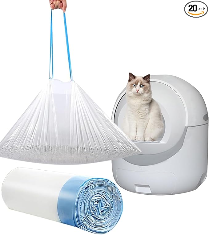 20 Count Cat Drawstring Litter Box Liners 26.6x16.7 inches 2Mils Super Thick White Cat Litter Waste Bags Poop Bags for Self-Cleaning Litter Box Cat Litter Pan Trays (Blue Drawstring 20 count)