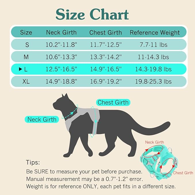 Cat Harness and Leash Set for Walking, Adjustable Kitten Vest Harness with Reflective Strip Breathable Mesh, Escape Proof Soft Pet Safety Vest for Cats, Kittens, Puppies, L, Lake Blue