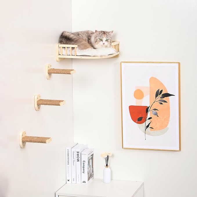 Cat Wall Shelves, Cat Shelves and Perches for Wall, Corner Cat Shelf, Cat Wall Furniture with 3 Steps Scratch Post, Cat Bed Hammock with Plush Covered, Climbing Shelf for Indoor Cats (Wood)