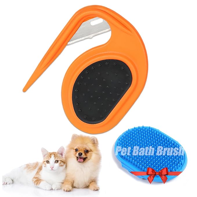 4PCS Knotting and De-Knotting Combs for Pet Grooming - For Dogs and Cats, Removes Tangled Hair (Includes Orange Comb with Dog Bath Brush)