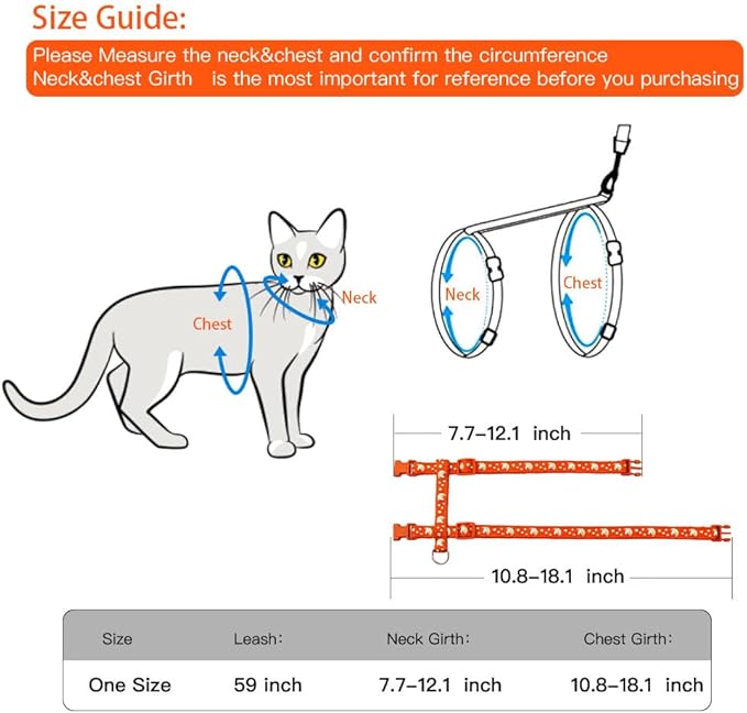 Cat Harness and Leash Set Gold Moons Soft Nylon Escape Proof Adjustable for Kittens Small Animals Glow in The Dark(Orange)