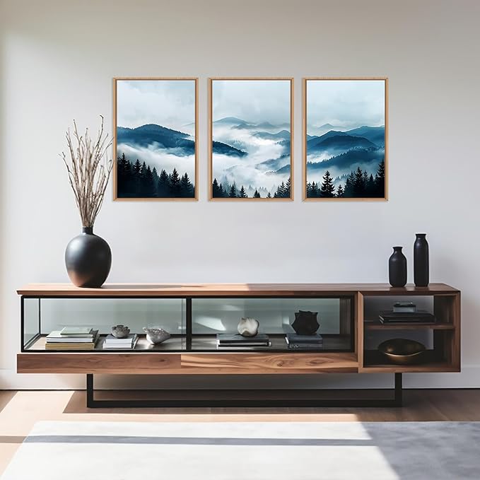 Ausril Blue Boho Mountain Framed Canvas Wall Art Set, Watercolor Misty Forest Wall Decor, Foggy Pine Tree Wall Painting, Nature Mountain Landscape Art Print for Living Room, Bedroom, Office 16"x24"x3