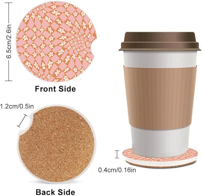 Absorbent Car Cupholder Coaster 2 Pack, Cute Car Coasters with a Finger Notch for Women & Men,2.56" Ceramic Stone & Non-Scratch Cork Base Drink Coasters, Cute Auto Accessories Gifts