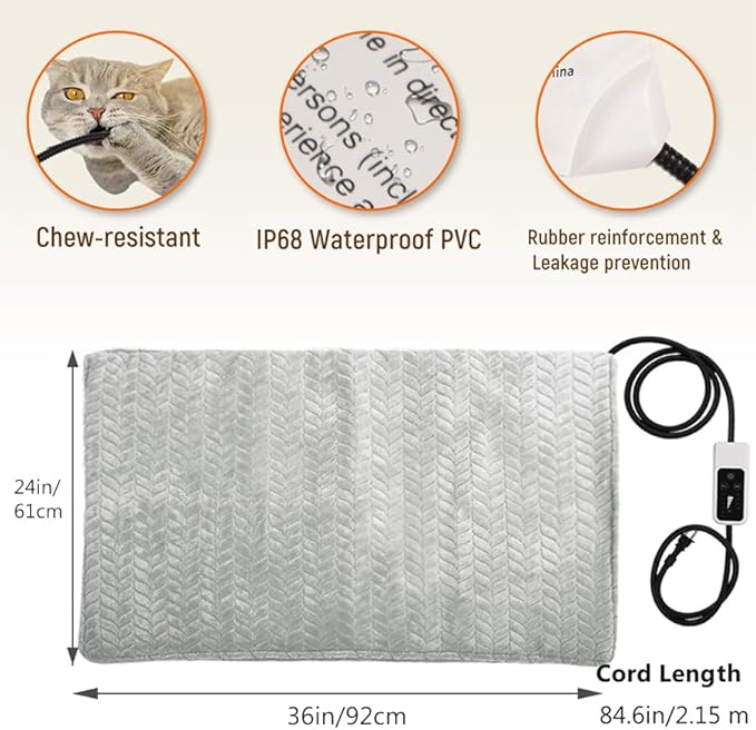 Heeyoo Pet Heating Pad, Adjustable Temperature Dog Cat Heating Pad with Timer, Waterproof Heated Dog Bed with Chew Resistant Cord, Auto Power-Off Indoor Pet Heated Mat for Dogs and Cats