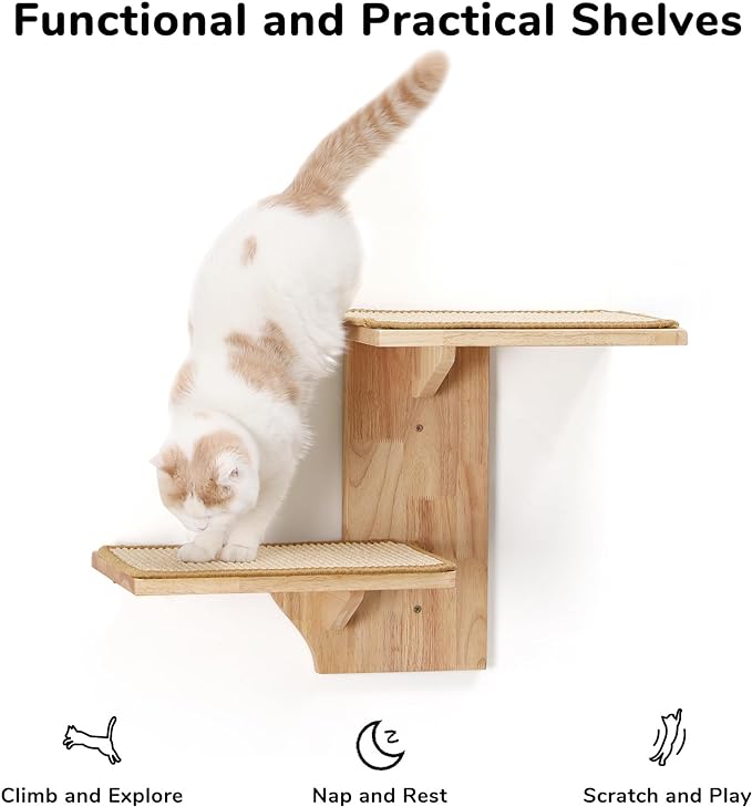 FUKUMARU Cat Wall Shelves, 2 Platform Cat Wall Furniture, Tree Shape Wall-Mounted Cat Floating Shelf with Sisal Mat, Solid Rubber Wood Cat Perch for 16 Inch Drywall, Suitable for Climb, Play, Nap