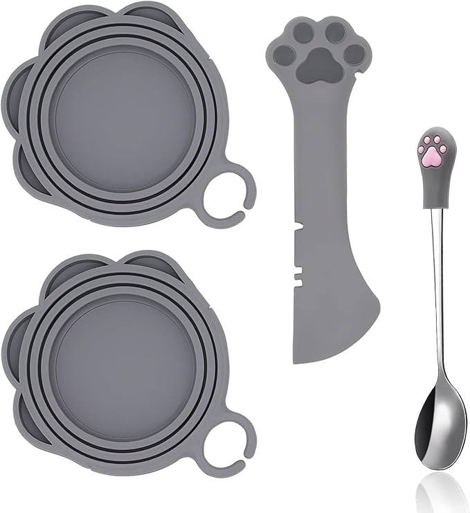 4 Pcs Cat Food Can Spoon & Can Covers | Cute Paw Silicone Pet Food Can Opener Spatula & Can Lids | Stainless Steel Wet Food Spoon for Cats and Dogs(Grey)