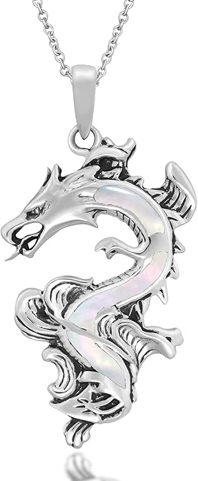 AeraVida Legendary Chinese Dragon Charm Stone Inlaid Accent .925 Sterling Silver Pendant on 18-inch Chain Necklace | Dragon Jewelry Necklace Accessory for Men Women Unisex